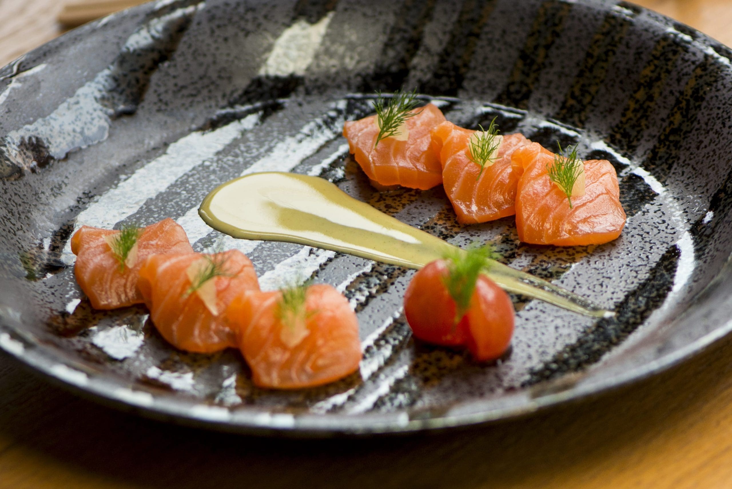 Scottish Salmon with Honey Yuzu Mustard Tiradito at sushi garage restaurant miami