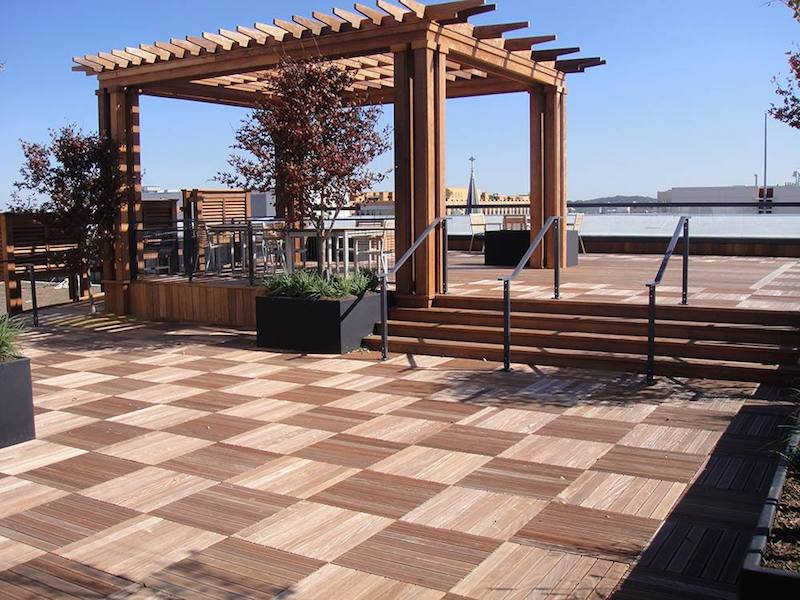 outdoor dining deck space blue sky