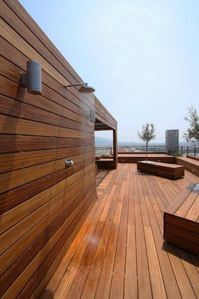outdoor wooden deck space outdoor shower blue sky