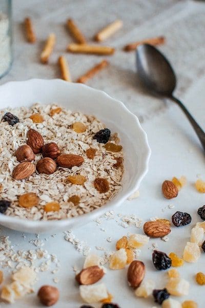 delicious nutrition breakfast cereal with almonds dried fruit