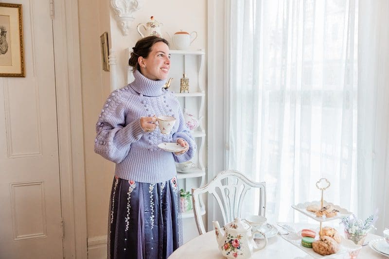Vanessa Gordon in a Temperley London knitwear jumper sweater lavender