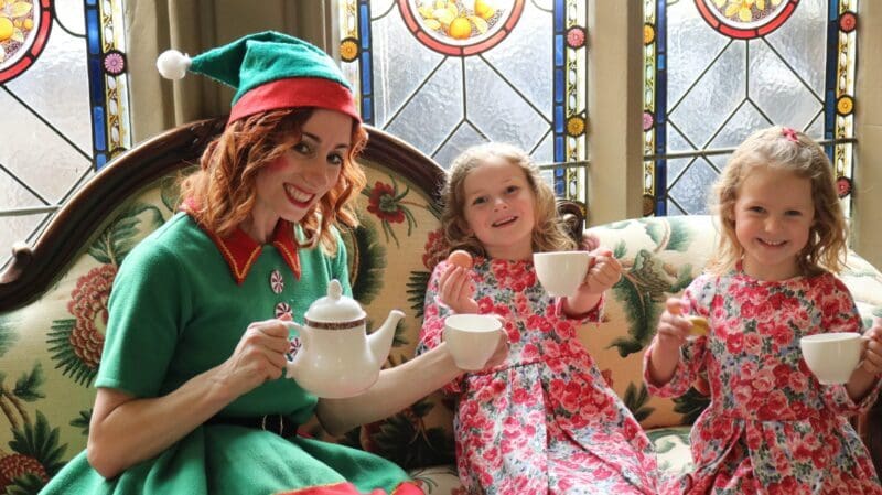 elves and young girls enjoying afternoon tea festive fun