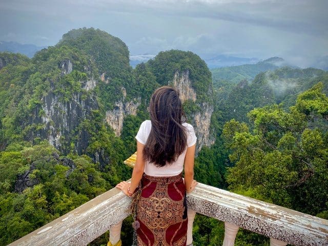 girl with red skirt nature travel