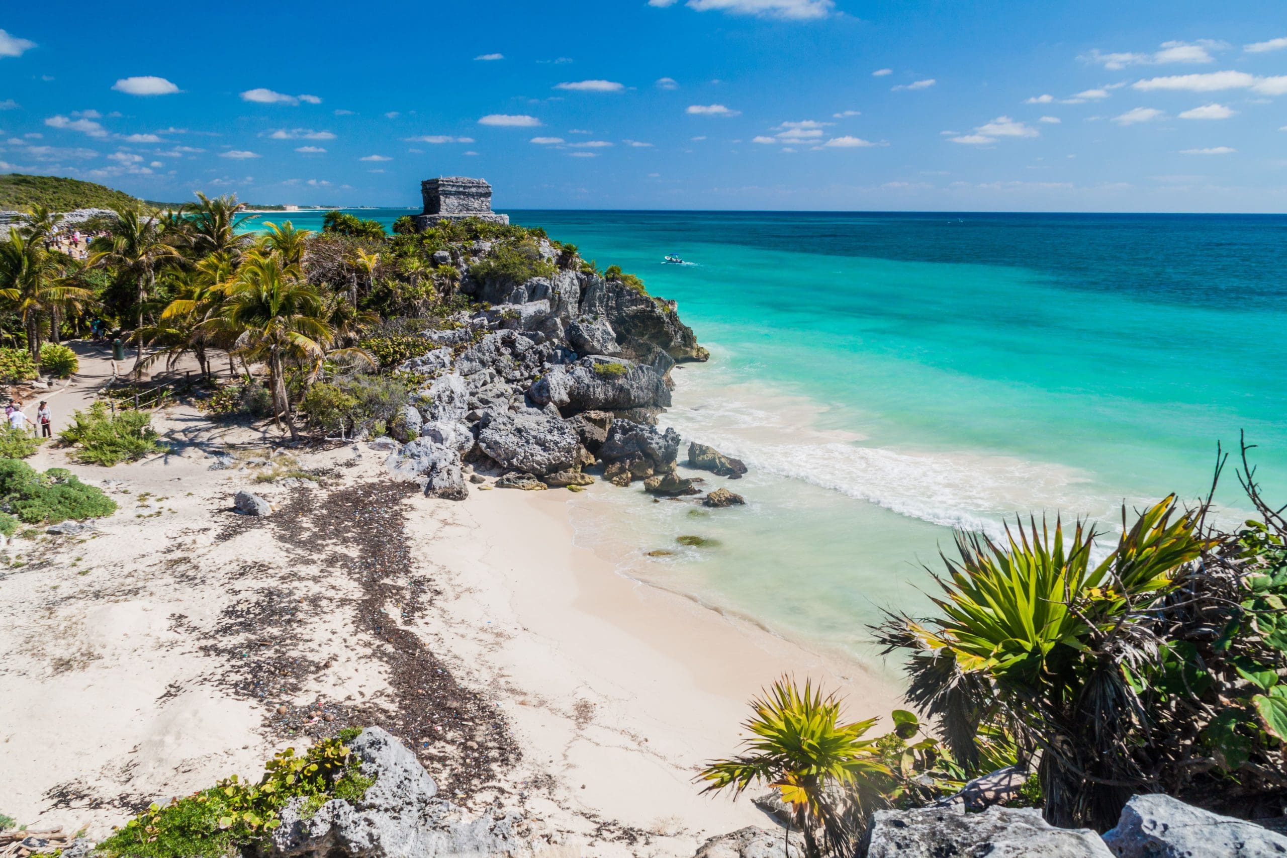 Ruins of the ancient Maya city Tulum and the Caribbean sea