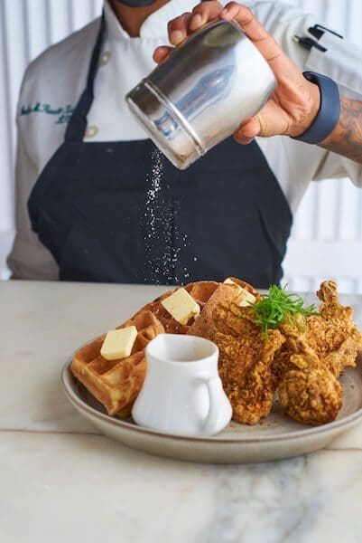 chicken and waffles at the vanderbilt juniper