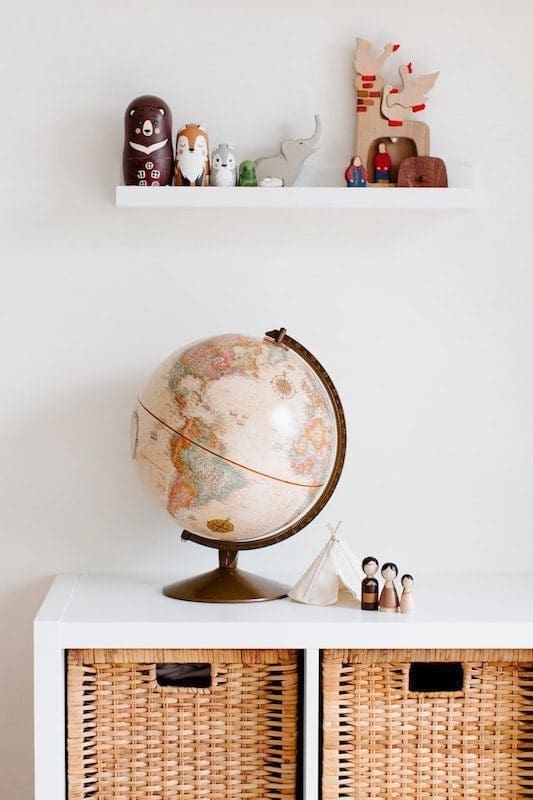 modern bedroom for children desk globe shelf white wall