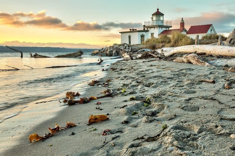 Sunset at West Point Lighthouse at Seattle Washington