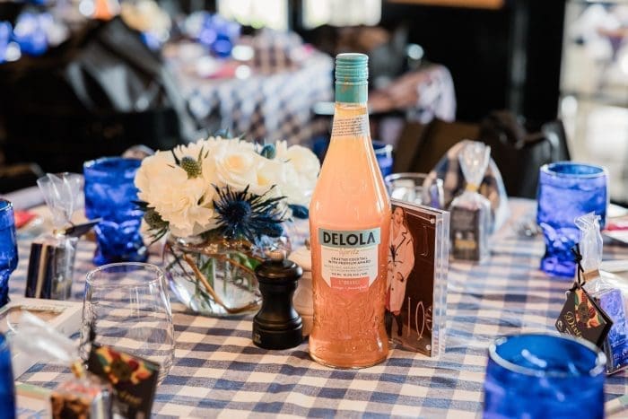 Delola on brunch table with checkered tablecloth