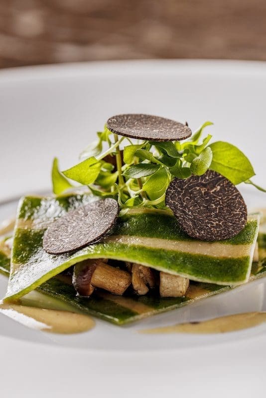 Ineo Restaurant Open Spinach Mushroom Raviolo with Aromatic Herbs