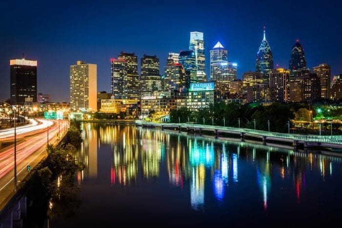 The Philadelphia skyline and Schuylkill River at night