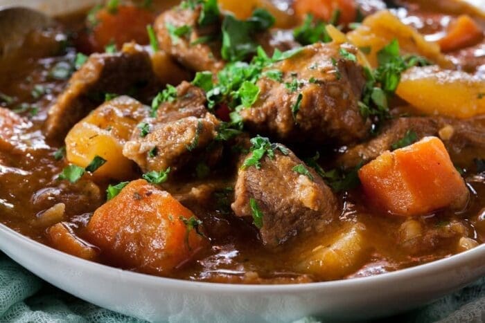 Irish stew made with beef, potatoes, carrots and herbs