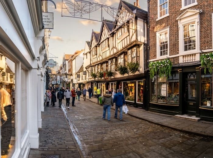 Kathe Wohlfahrt Christmas shop in York city centre at sunset