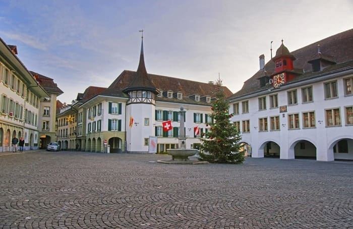 Town Hall Square with Christmas tree in Thun Old City