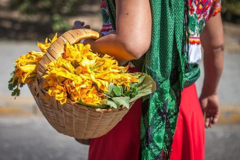 Woman with a basket in ethnic traditional Mexican dress