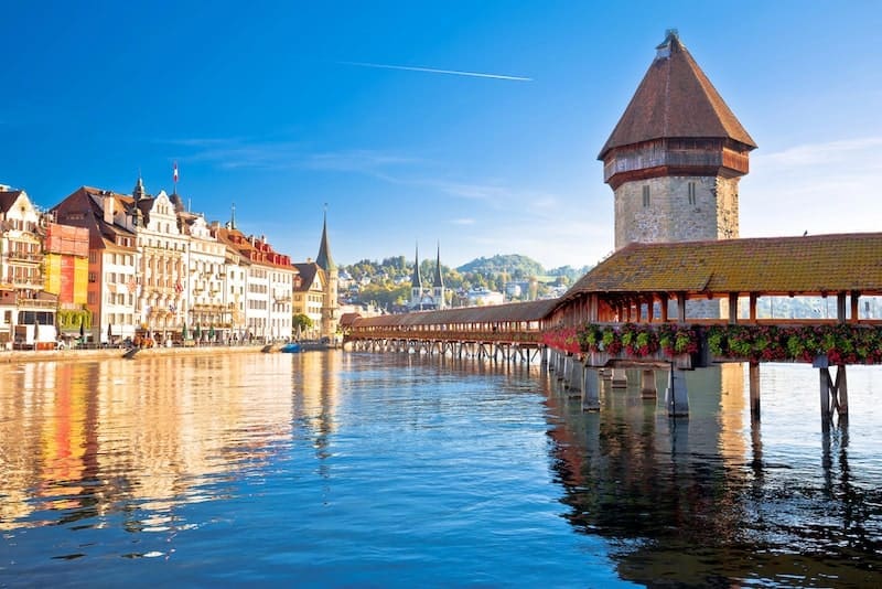 Luzern wooden Chapel Bridge and tower panoramic view