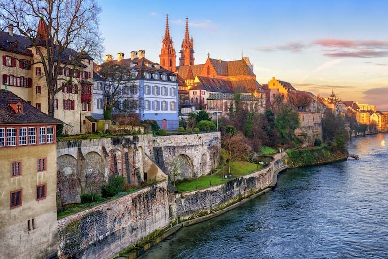 Old town of Basel with Munster cathedral facing the Rhine River