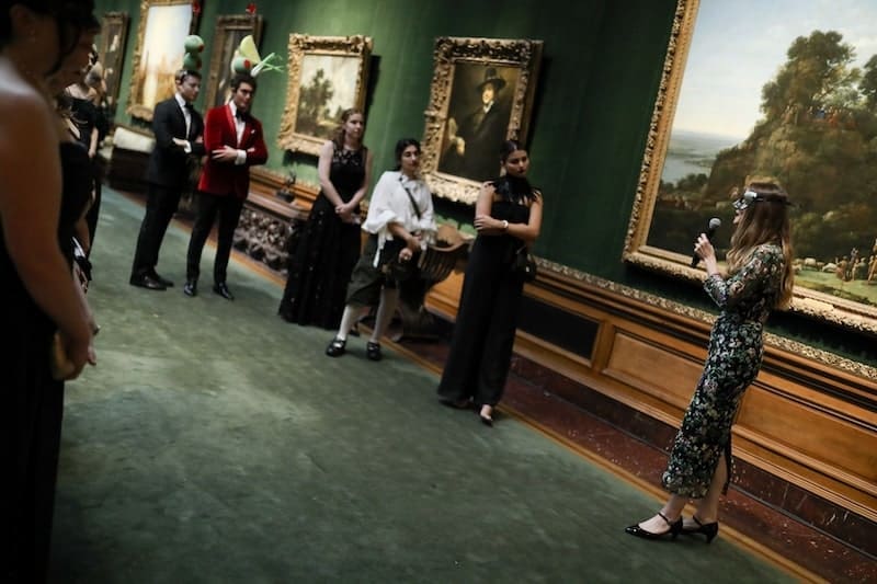 Museum guide Sophia D’Addio giving a gallery talk in the Frick’s West Gallery during All Hallows’Eve at the Mansion; photo: Matt Borkowski/BFA.com